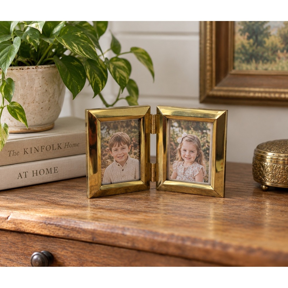 Windsor & Browne Double Picture Frame Gold Polished Brass 2.5x3.5 Hinged Folding